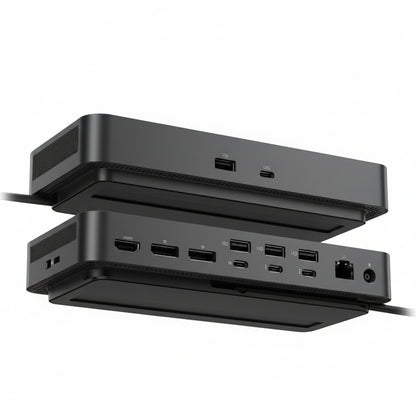 Front and rear view of the Dell Pro SD25TB4 Thunderbolt 4 dock showing all ports.


