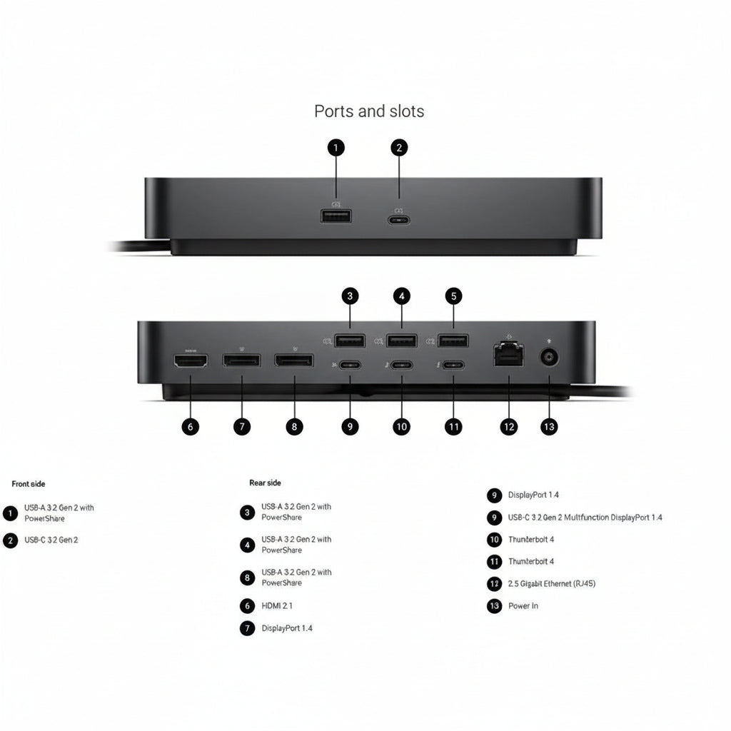 Close-up of the dock's rear ports: Thunderbolt 4, DisplayPort, HDMI, and Ethernet.

