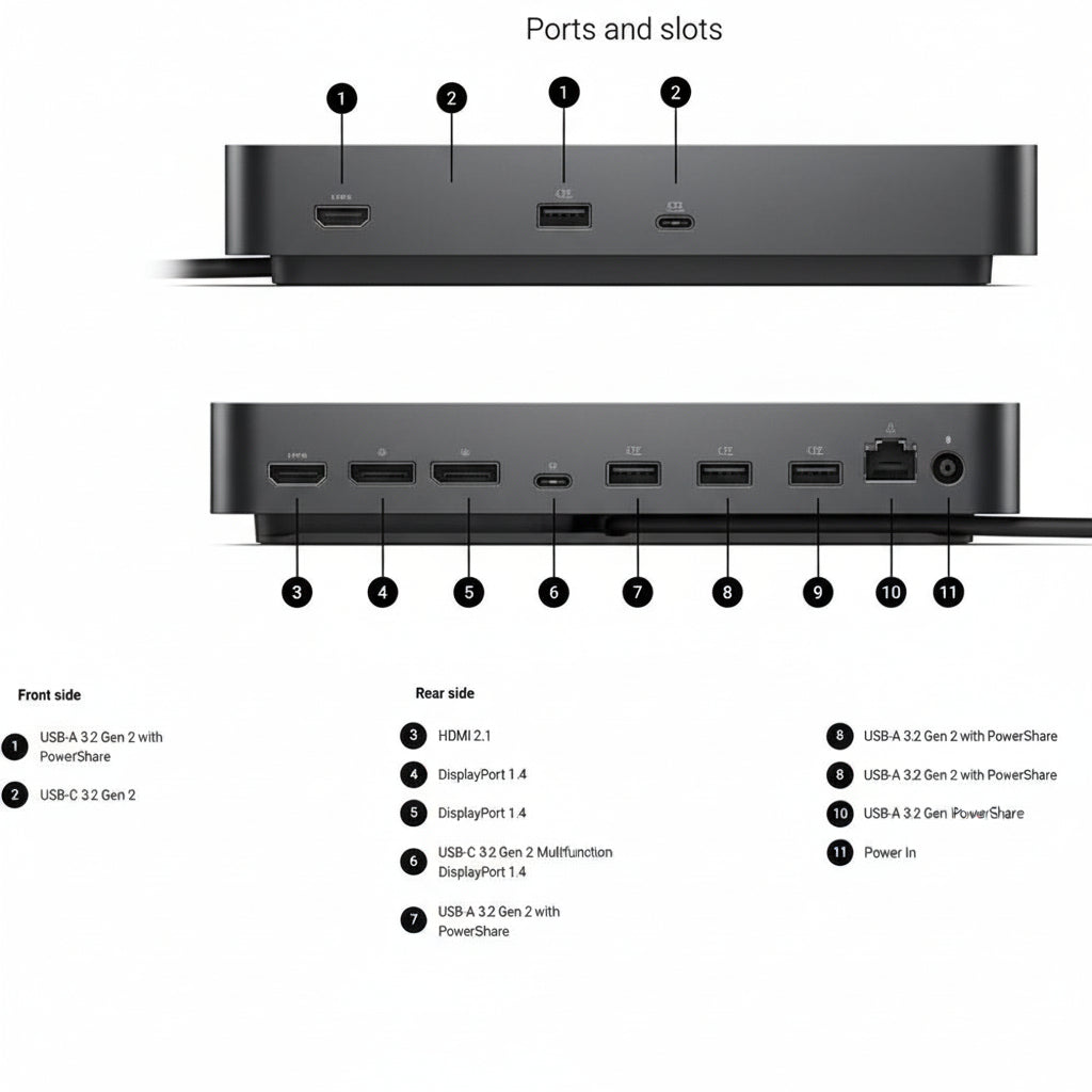 Rear panel showing DisplayPort, HDMI, USB, and Ethernet ports.

