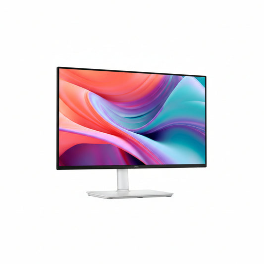 Front view of the Ash White Dell S2425HSM monitor on its fully adjustable stand.

