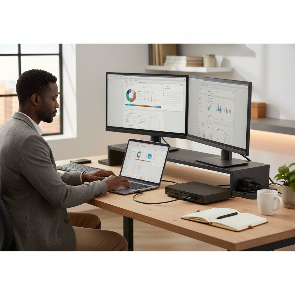 The dock powering and charging a laptop, phone, and peripherals simultaneously.

