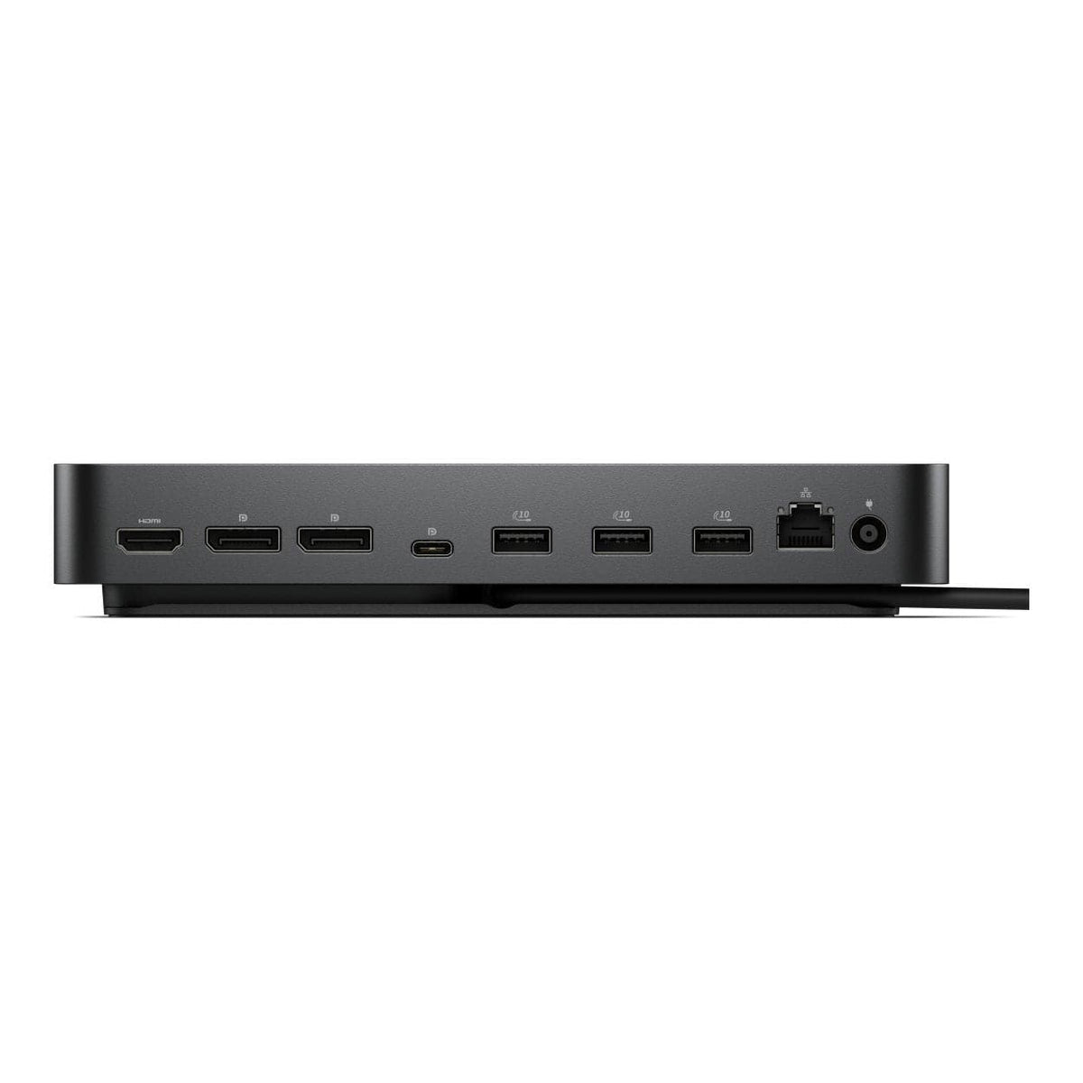 Close-up detail of the video output ports: DisplayPort, HDMI, and USB-C.

