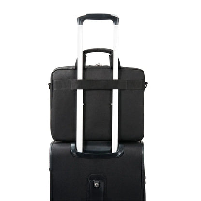 Everki Advance 14" Professional Laptop Briefcase (EKB407NCH14) fits securely on rolling luggage for business travel convenience.