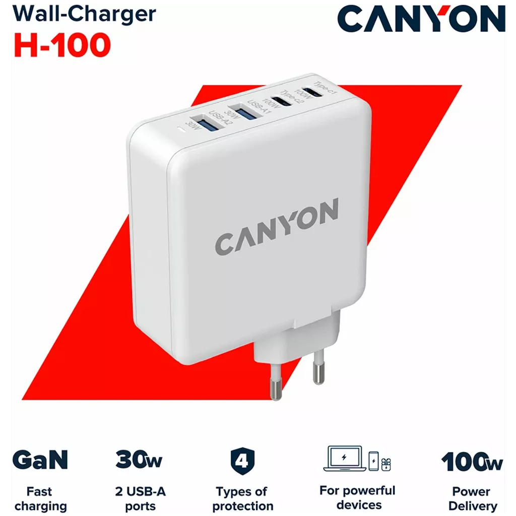 CANYON H-100 GaN Fast Charge Wall Charger – 100W USB-C Power Delivery for Laptops from Canyon Store