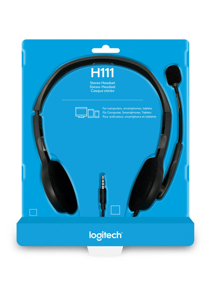 981-000593 - Logitech Headset H111 Analog Stereo Headset  One plug Noise Cancelling mic full stereo sound Flexible Rotating Boom