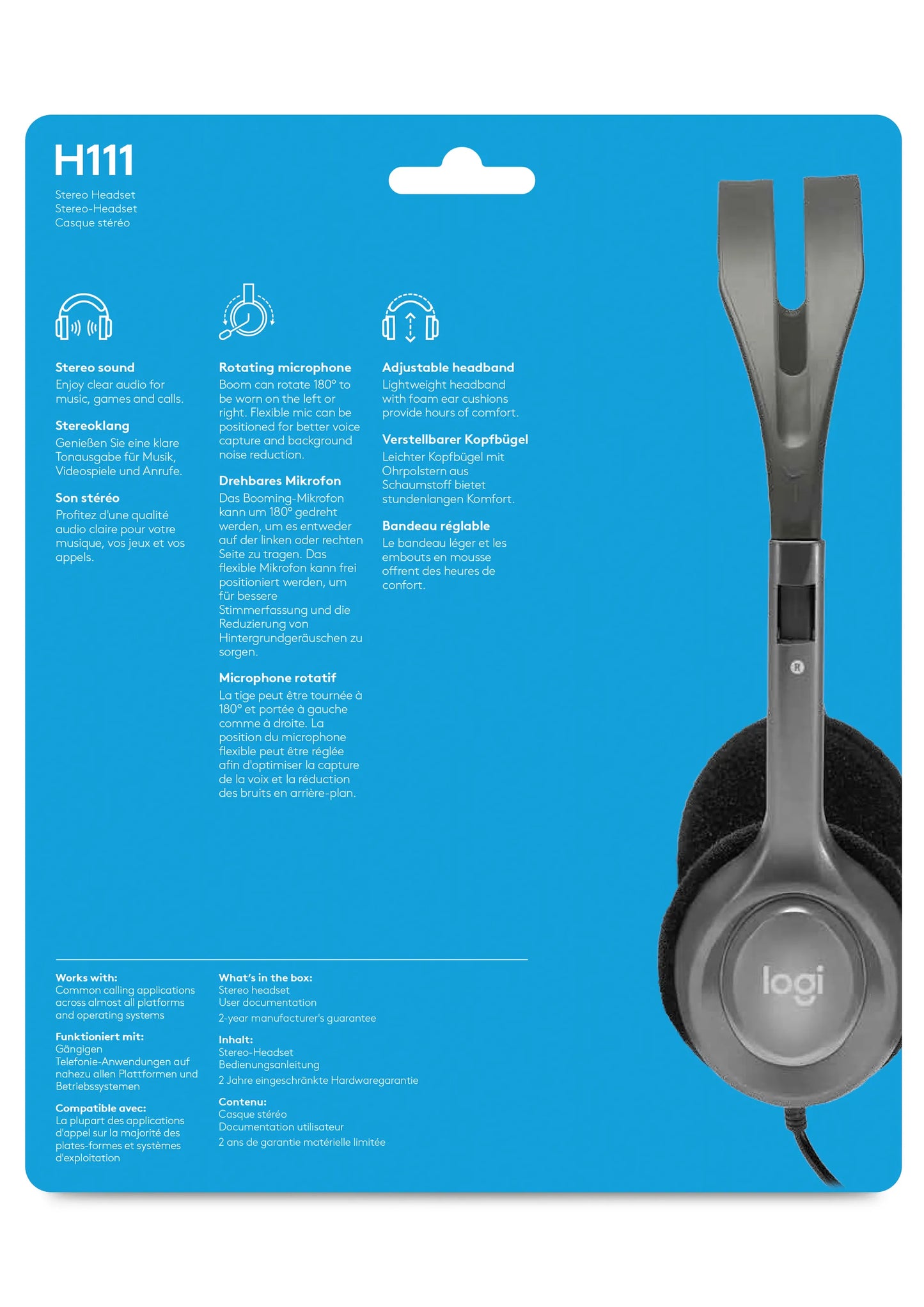 981-000593 - Logitech Headset H111 Analog Stereo Headset  One plug Noise Cancelling mic full stereo sound Flexible Rotating Boom