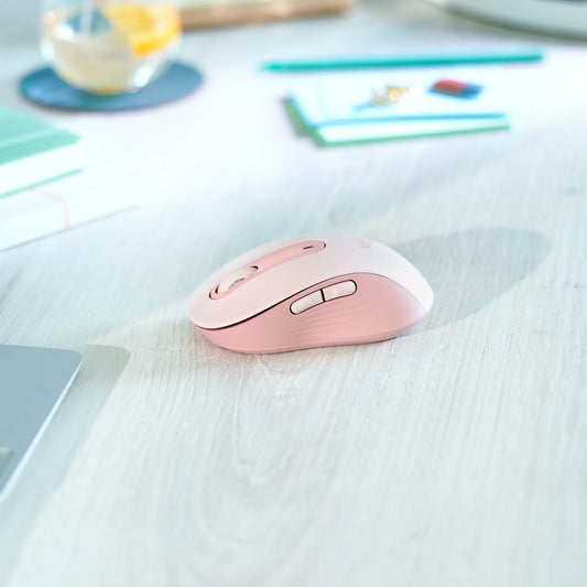 Logitech M650 Signature Wireless Mouse – Ergonomic, Silent Click, Bluetooth in soft pink, ideal for comfort and precision.