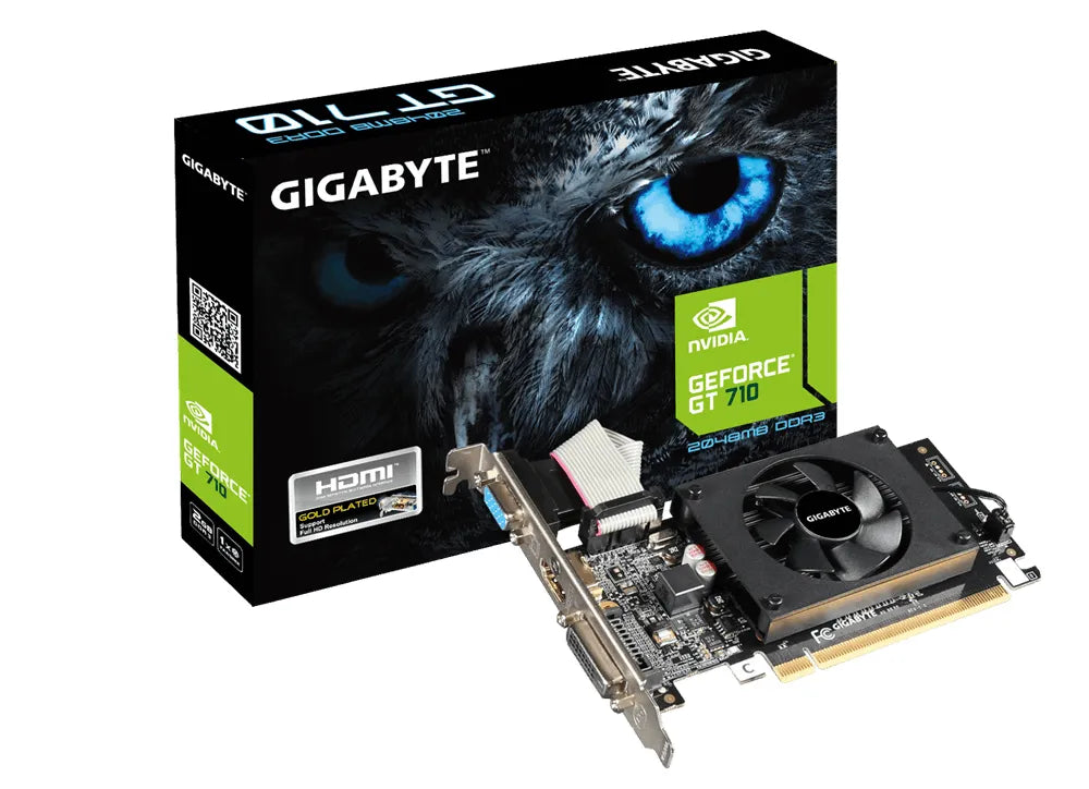 GIGABYTE Graphics nVidia GeForce® GT 710 2GB GDDR3 64Bit . 1x Dual-Link DVI-D; 1x HDMI; 1x VGA; Low Profile