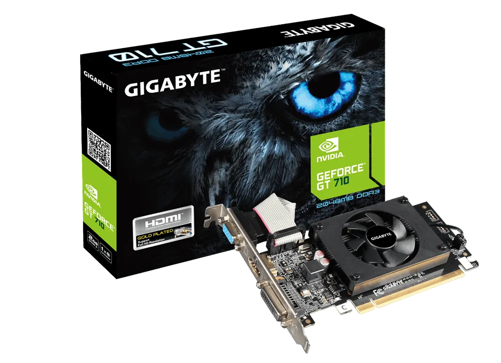 GIGABYTE Graphics nVidia GeForce® GT 710 2GB GDDR3 64Bit . 1x Dual-Link DVI-D; 1x HDMI; 1x VGA; Low Profile