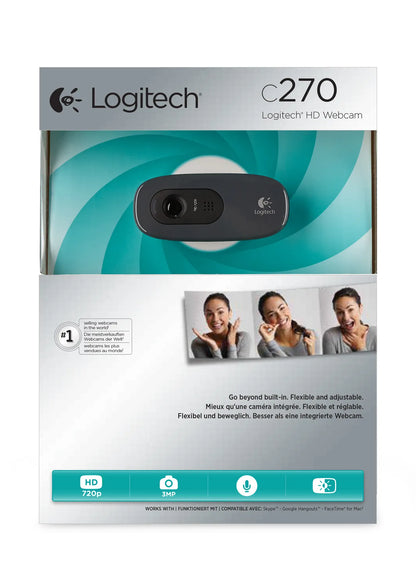 Logitech Webcam C270 HD Still 3MP HD Video Built in Mic Auto focus Grey USB-A