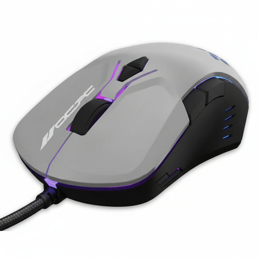 OCPC MR11 Wired Gaming Mouse – Creamy Grey with RGB Breathing Light, 7200 DPI, 7D Ergonomic Design for gamers.