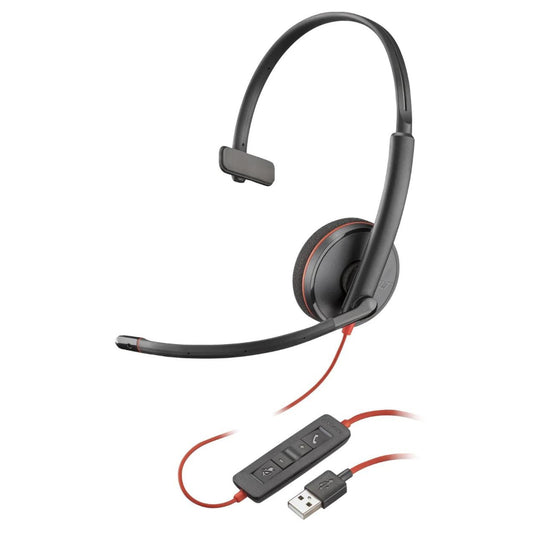 Black headset with USB adapter on a white background