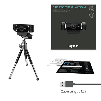 LOGI C922 960-001088 HD Pro Webcam USB Full HD 10MP Carl Zeiss Lens 20 step autofocus Microphone incl Tripod USB-A