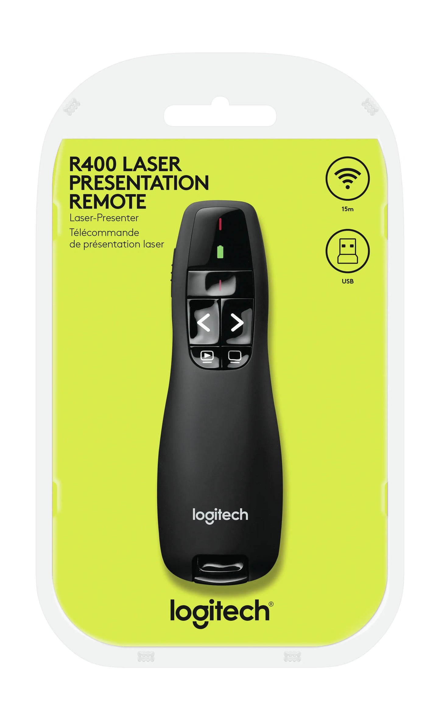 910-001356 - Logitech Wireless Presenter R400 Red Laser Pointer  Up to 15 metre (2 4GHz) range  storable wireless USB receiver