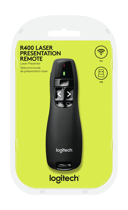 910-001356 - Logitech Wireless Presenter R400 Red Laser Pointer  Up to 15 metre (2 4GHz) range  storable wireless USB receiver
