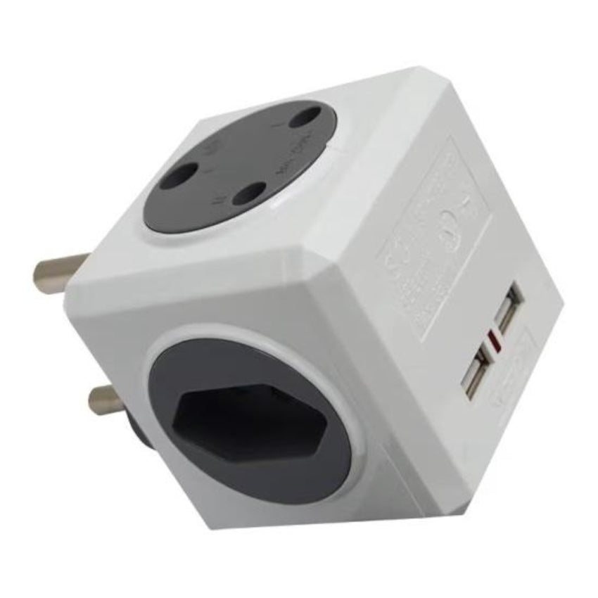 White power adapter with two sockets and two USB ports on a white background