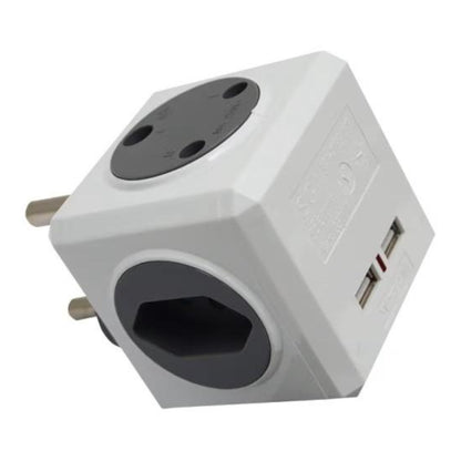 White power adapter with two sockets and two USB ports on a white background