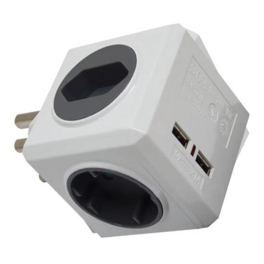Multifunctional plug adapter with multiple sockets and USB ports on a white background