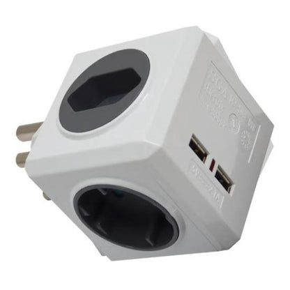Multifunctional plug adapter with multiple sockets and USB ports on a white background