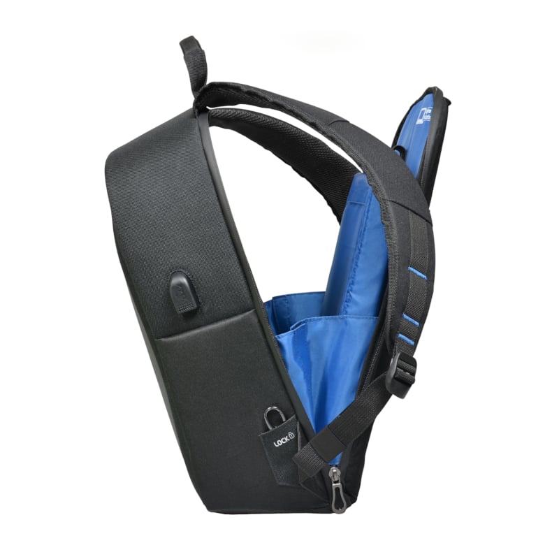 Port Designs Chicago EVO Anti-Theft 13-15.6" Backpack - Black with secure lockable straps and blue padded interior.