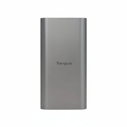 Black Targus 100W power bank charging a Dell laptop via USB-C.

