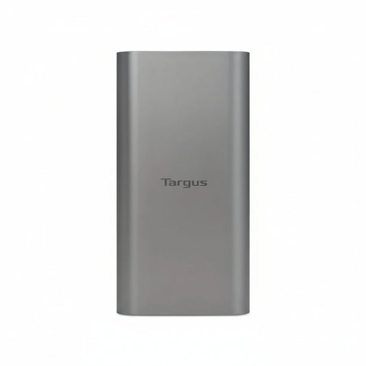 Black Targus 100W power bank charging a Dell laptop via USB-C.

