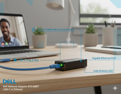 Dell Network Adapter 470-ABBT USB-C to Ethernet for Fast Stable Wired Connectivity