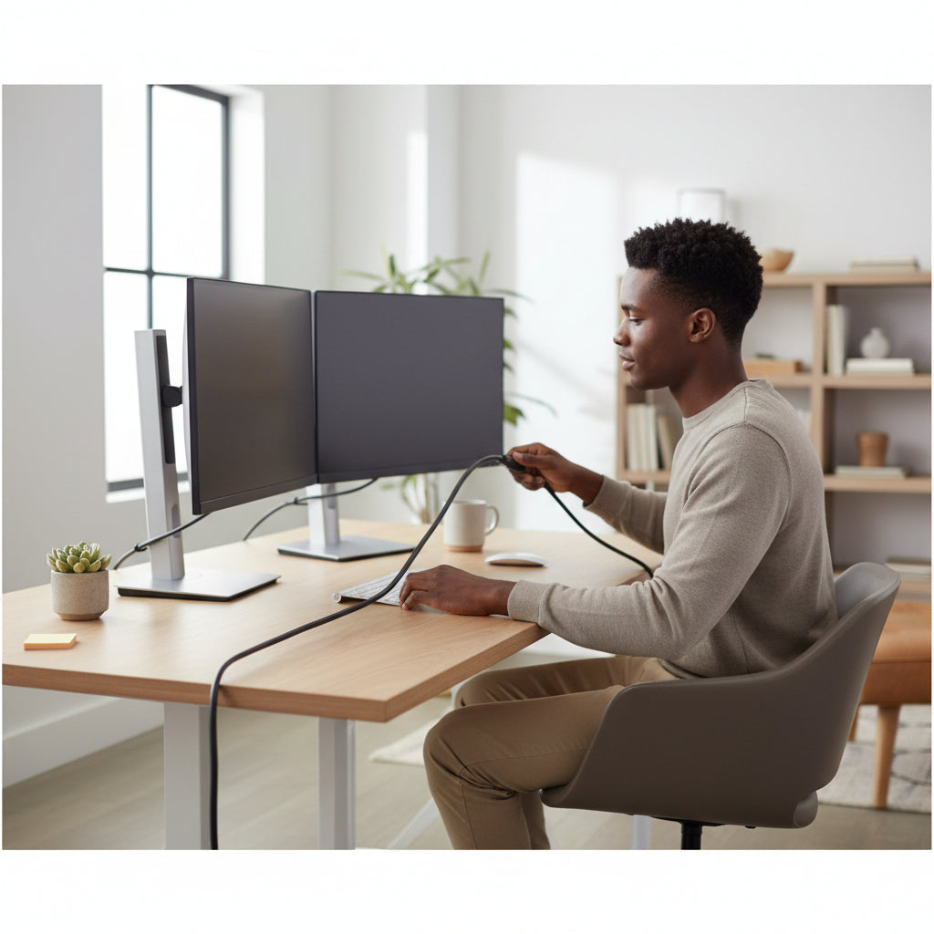 Black DisplayPort 1.4 cable with professional setup