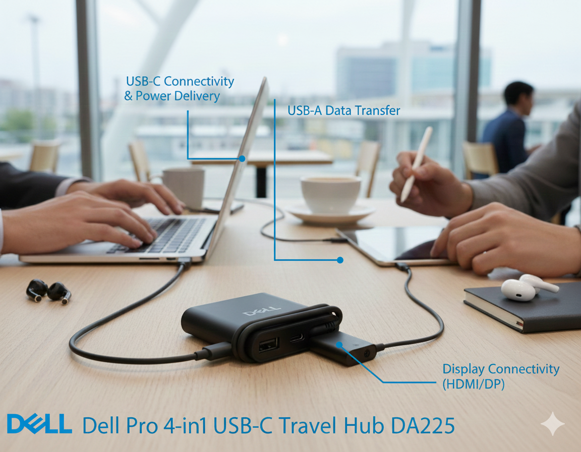 Dell Pro 4-in-1 USB-C Travel Hub DA225 for Display Data and Power On the Go