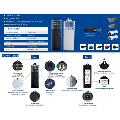 Side angle of M-LINK 5 amp security camera power adapter with output terminals.

