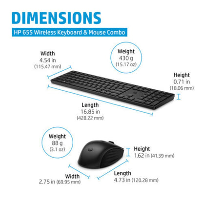 HP 655 Wireless Keyboard and Mouse Combo with Programmable Keys and 4000 DPI Mouse