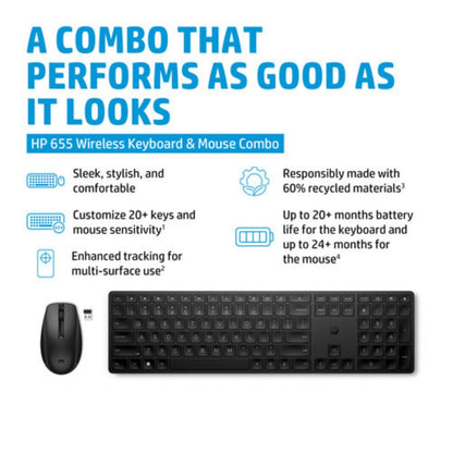 HP 655 Wireless Keyboard and Mouse Combo with Programmable Keys and 4000 DPI Mouse