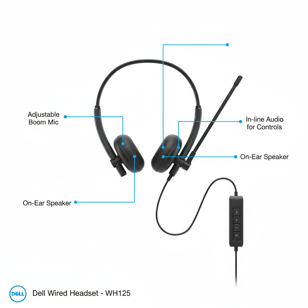 Dell Wired Headset WH125 USB-A with Rotatable Boom Mic Inline Controls and Comfort