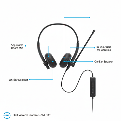 Dell Wired Headset WH125 USB-A with Rotatable Boom Mic Inline Controls and Comfort