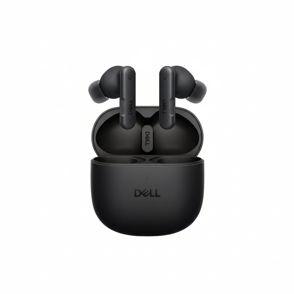 The Dell EB525 earbuds and charging case in black.

