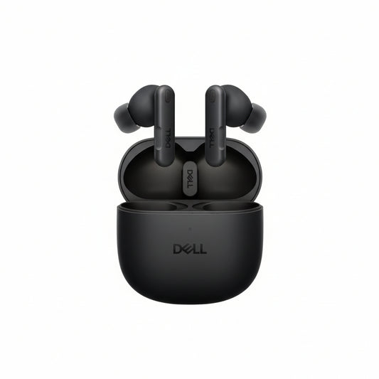 The Dell EB525 earbuds and charging case in black.

