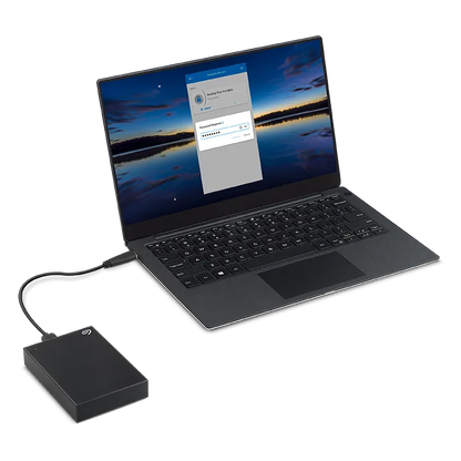 Seagate One Touch 5 TB Portable HDD – Black provides secure, stylish storage with USB 3.2 Gen 1 and AES-256 encryption.