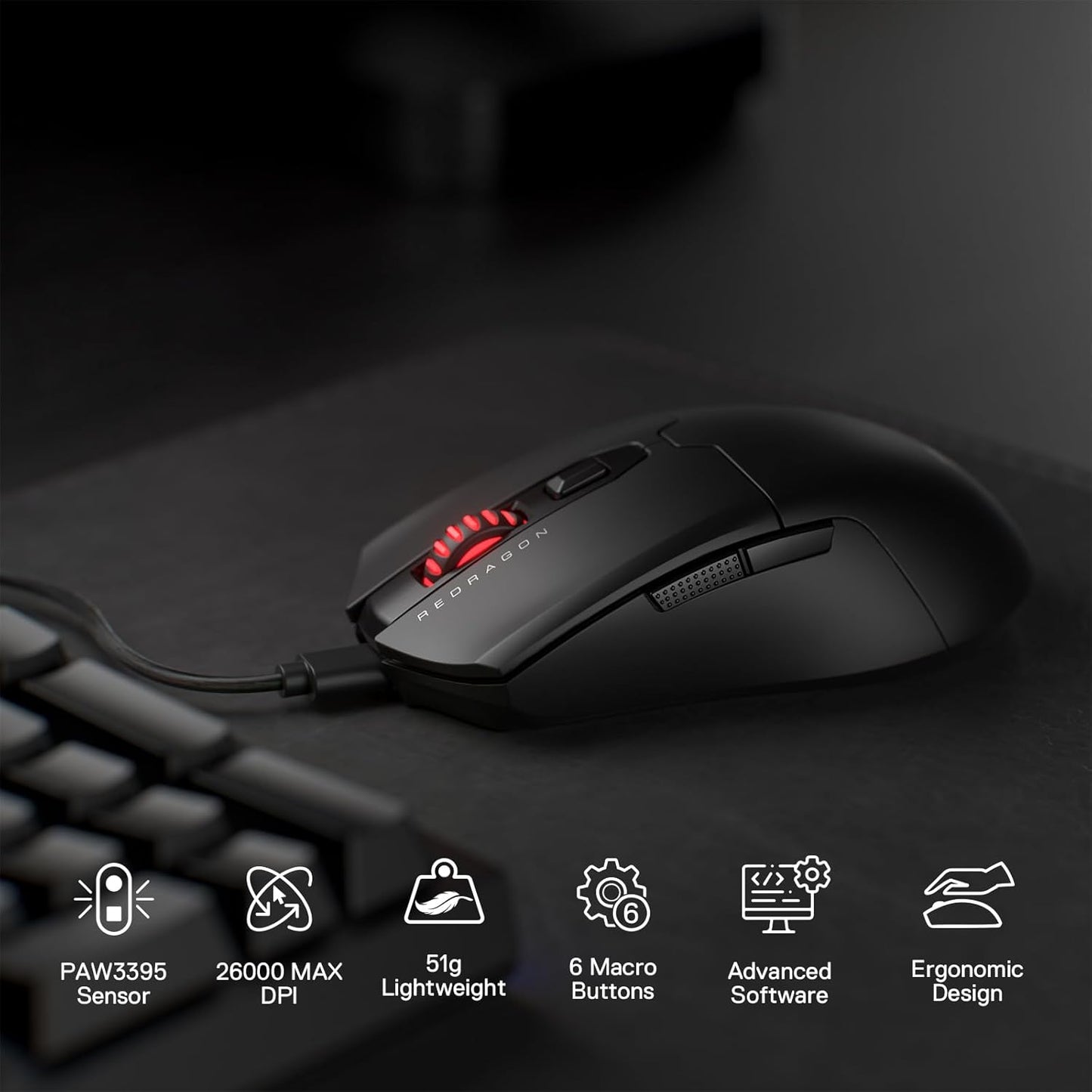 Redragon M995 Wired Gaming Mouse, 26000 DPI, 6 Programmable Buttons, RGB Backlit, Black for pro gaming