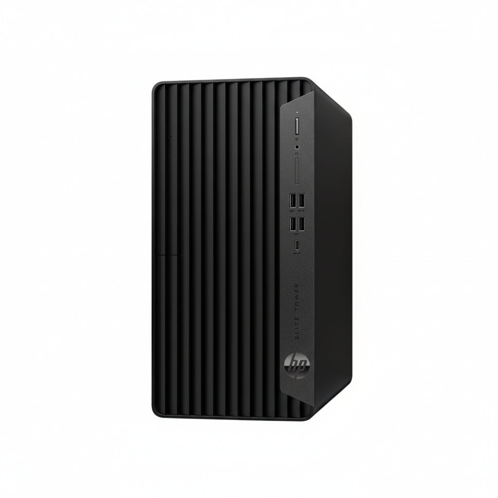 HP Elite Tower 800 G9 Desktop PC front view showing mesh panel and ports.

