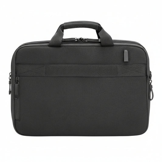 HP Renew Executive 16" Laptop Bag front view in black recycled polyester fabric.

