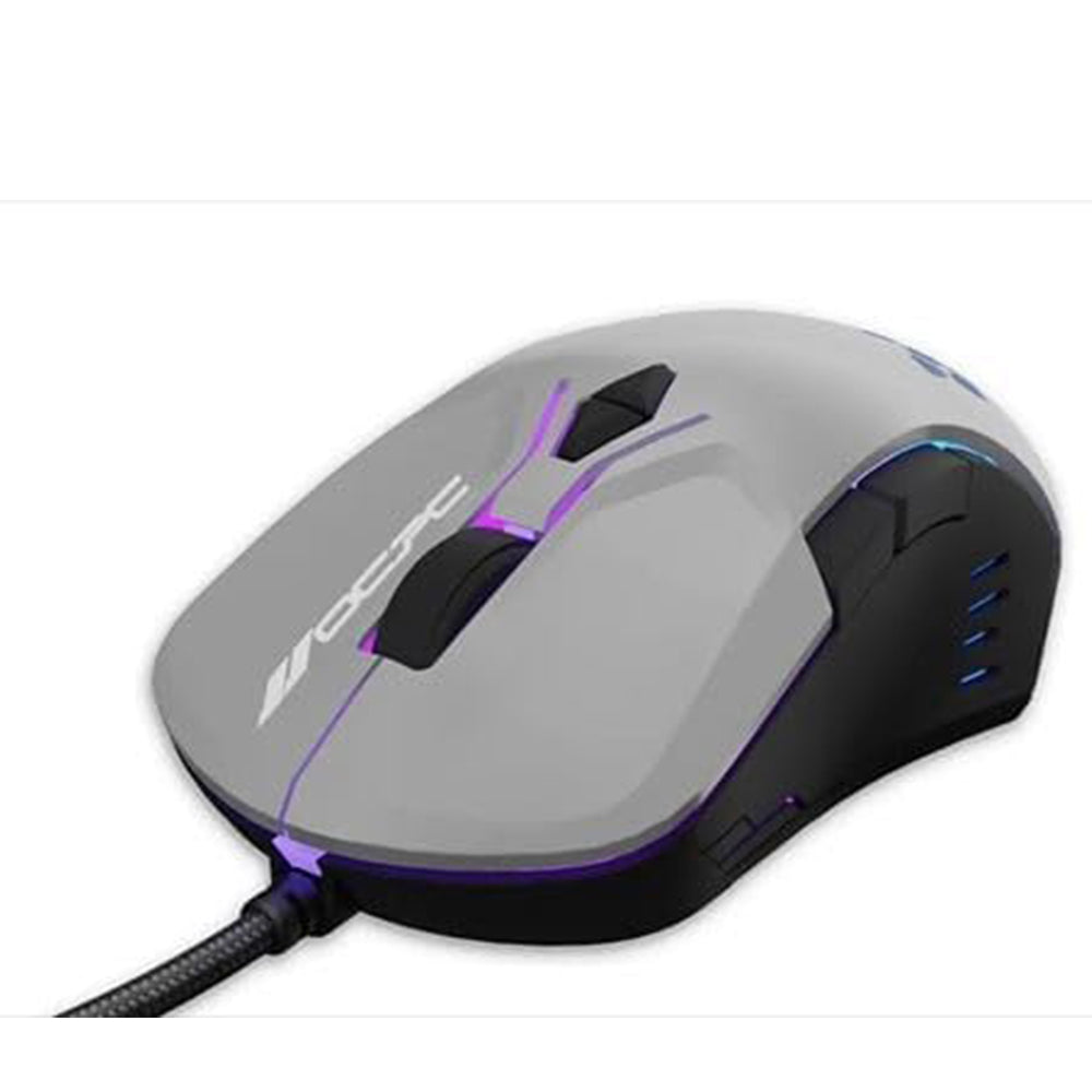 OCPC MR11 Wired Gaming Mouse – Creamy Grey with RGB Breathing Light, 7200 DPI, 7D Ergonomic Design for gamers.