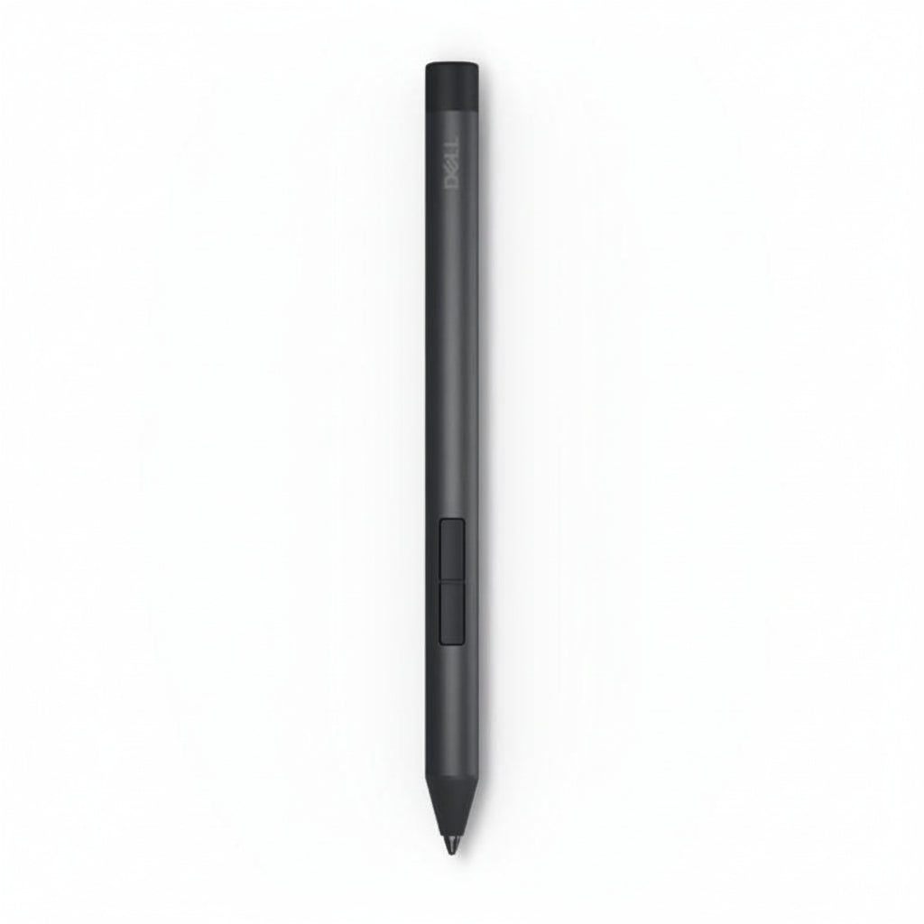 The black Dell PN5122W Active Stylus Pen lying on a notebook.

