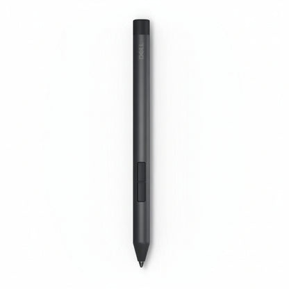 The black Dell PN5122W Active Stylus Pen lying on a notebook.

