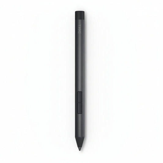 The black Dell PN5122W Active Stylus Pen lying on a notebook.

