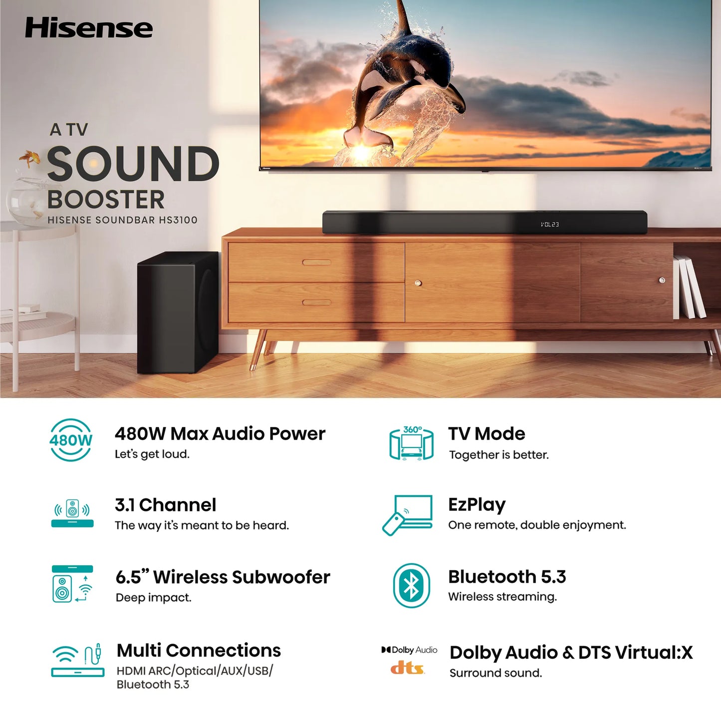 Hisense HS3100 3.1 Channel Soundbar 480W with Subwoofer
