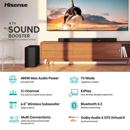 Hisense HS3100 3.1 Channel Soundbar 480W with Subwoofer