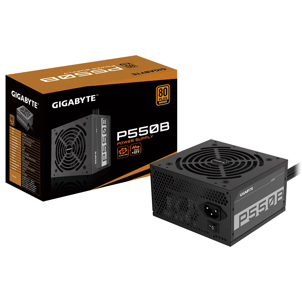Gigabyte PSU P550B Bronze Certified 550W - 3 Year Warranty; 24/20-pin x 1; CPU 4+4-pin x 1; PCI-E 6+2-pin x 2; SATA x 6; Peri x3