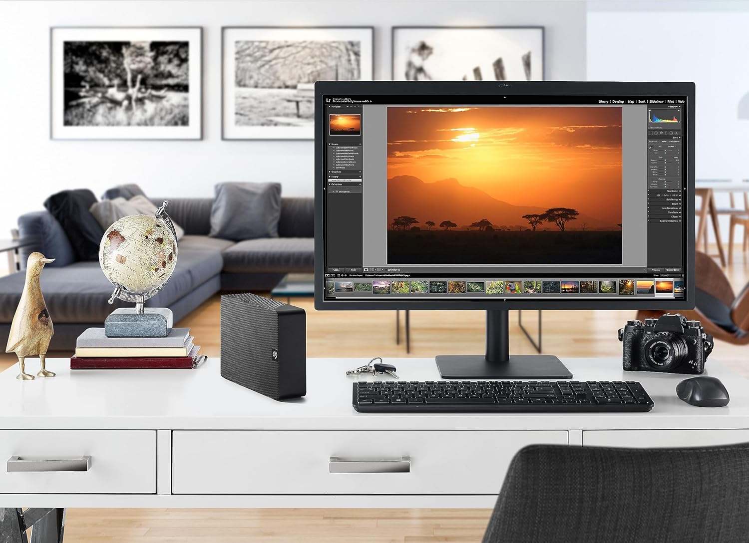 Seagate Expansion 28TB External Hard Drive – USB 3.0 Desktop HDD with Rescue Services, STKP28000400 on desk beside monitor