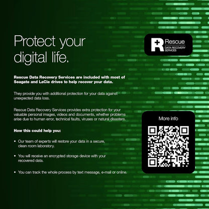 Seagate Expansion Desktop 20TB – 3.5" USB 3.0 External Hard Drive   Data Rescue (STKP20000400) QR code, green card