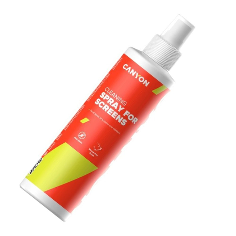 Canyon CNE-CCL21 Screen Cleaning Spray – 100ml with Microfiber Cloth for Monitors, Laptops, Canyon bottle on white